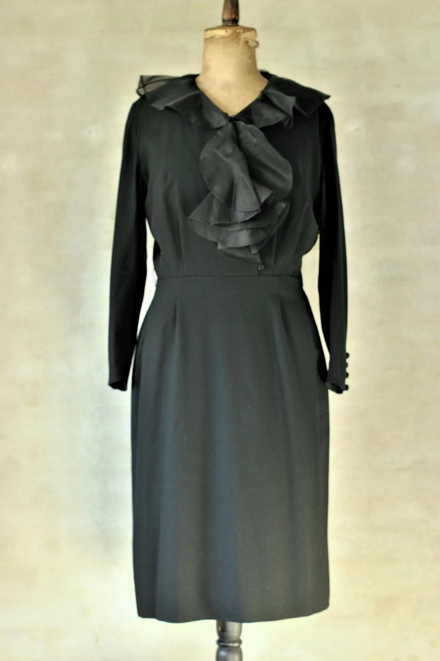 1940s 1950s Black Wool Crepe Dress//Size M/L