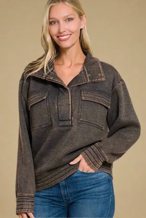 Acid Washed Half Snap Fleece Sweatshirt in Ash Black