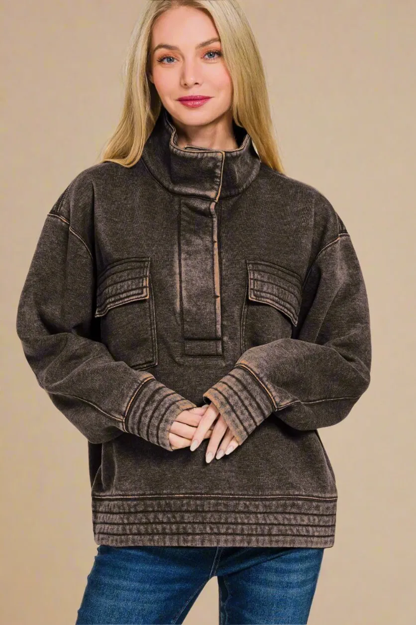 Acid Washed Half Snap Fleece Sweatshirt in Ash Black