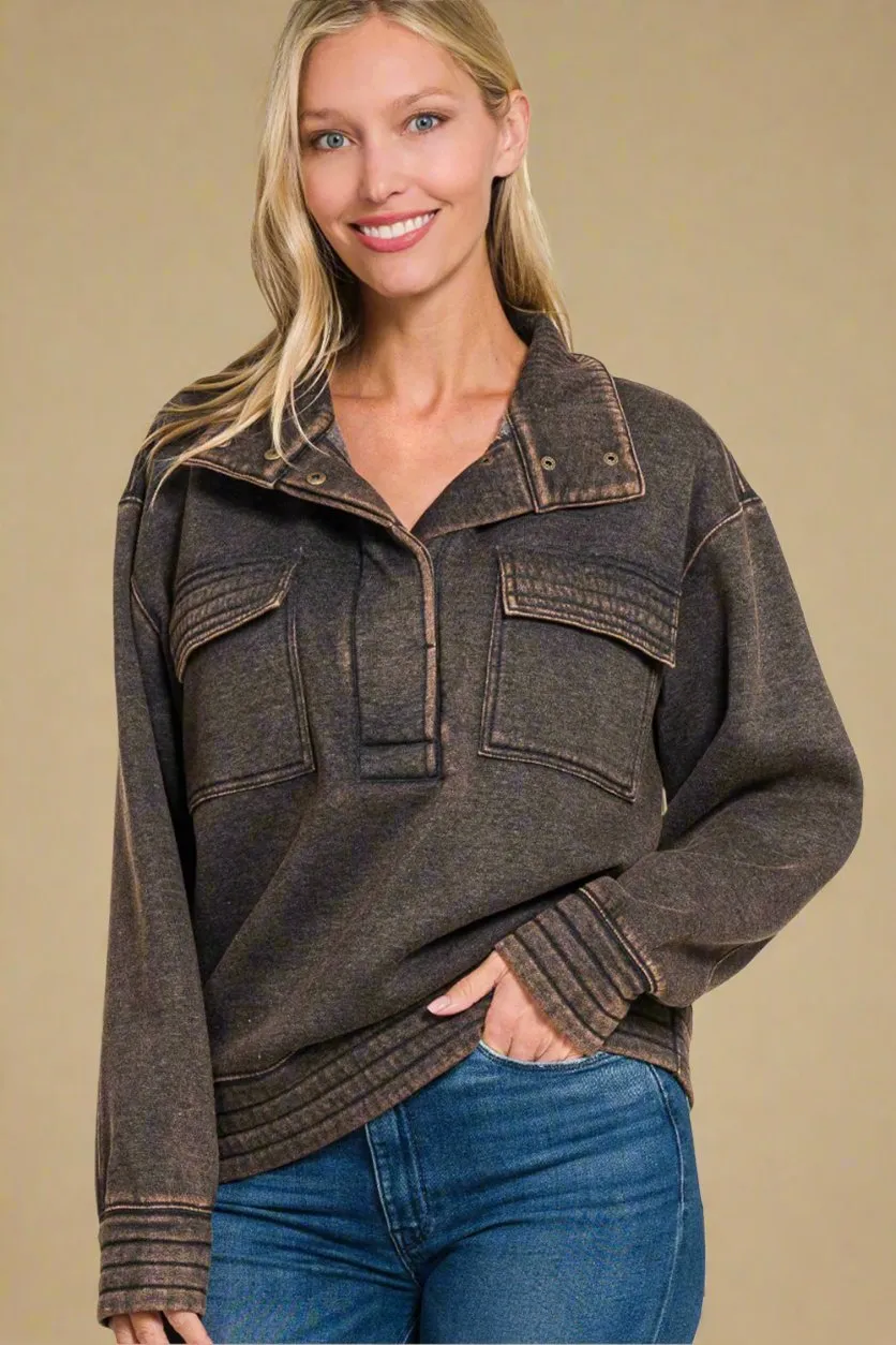 Acid Washed Half Snap Fleece Sweatshirt in Ash Black