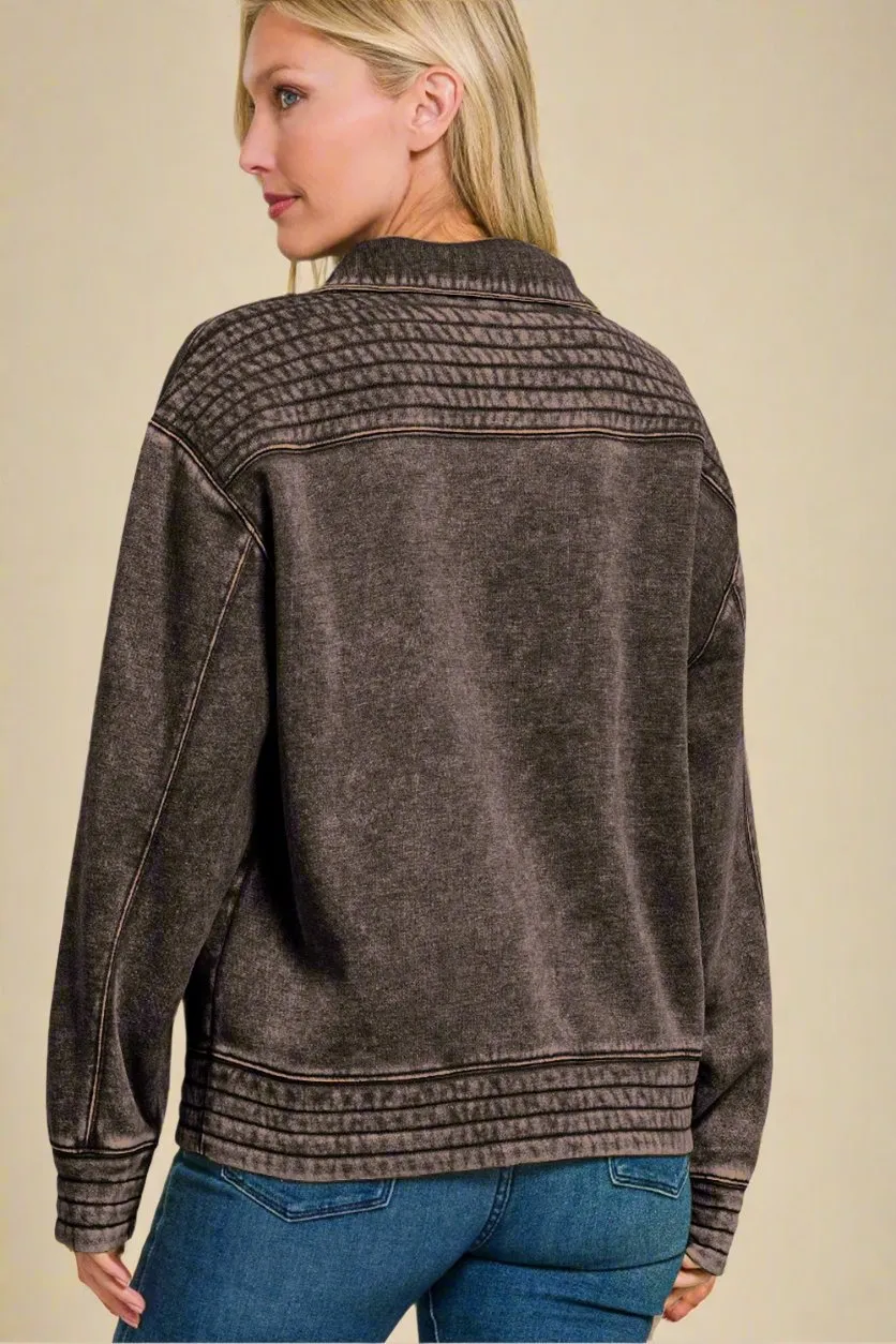 Acid Washed Half Snap Fleece Sweatshirt in Ash Black