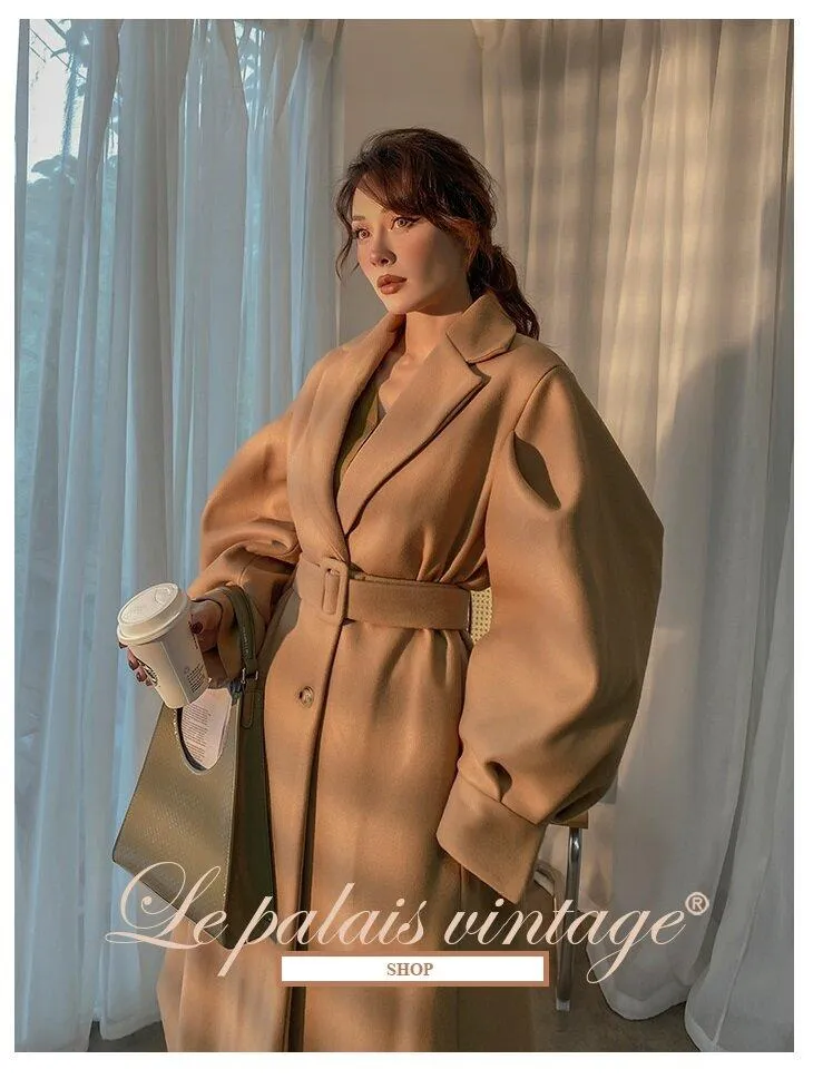 Autumn winter elegant camel lantern sleeve woolen wide long coat - Biou