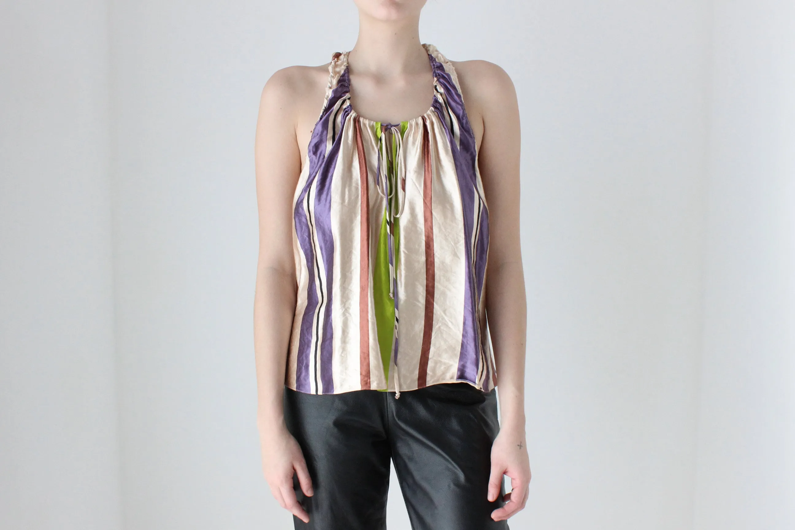 BALLETCORE 2000s Marni Metallic Striped Silk / Linen Trapeze Top