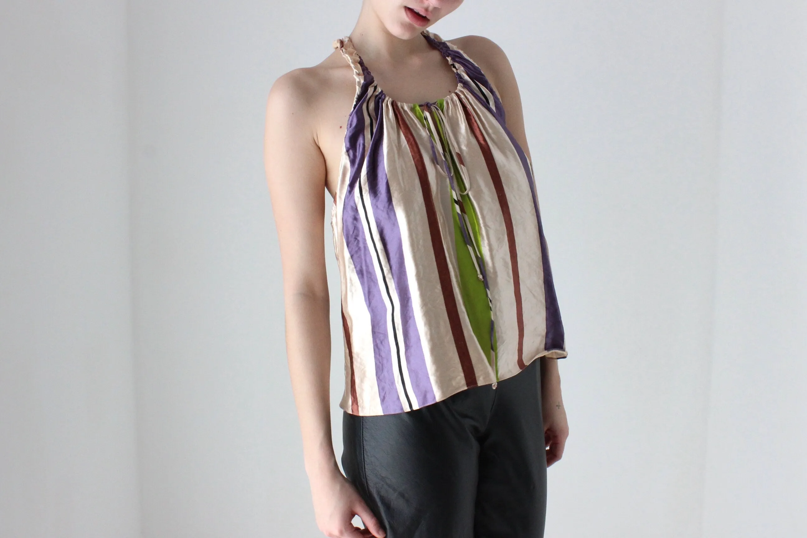 BALLETCORE 2000s Marni Metallic Striped Silk / Linen Trapeze Top