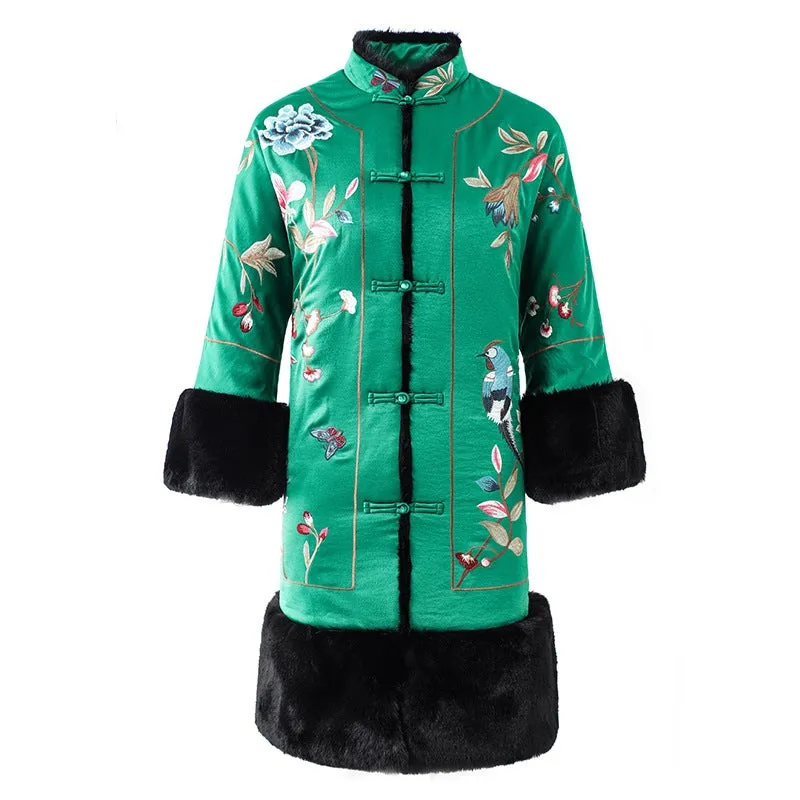 Bird & Floral Embroidery Chinese Jacket Women's Wadded Coat with Fur Cuff