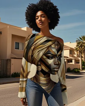 Black Art Print One-shoulder Long Sleeve Top