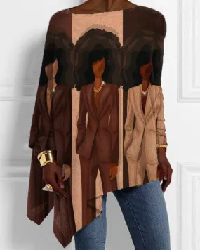 Black Girl Color Match Business Personality Print Irregular Hem Ladies Top