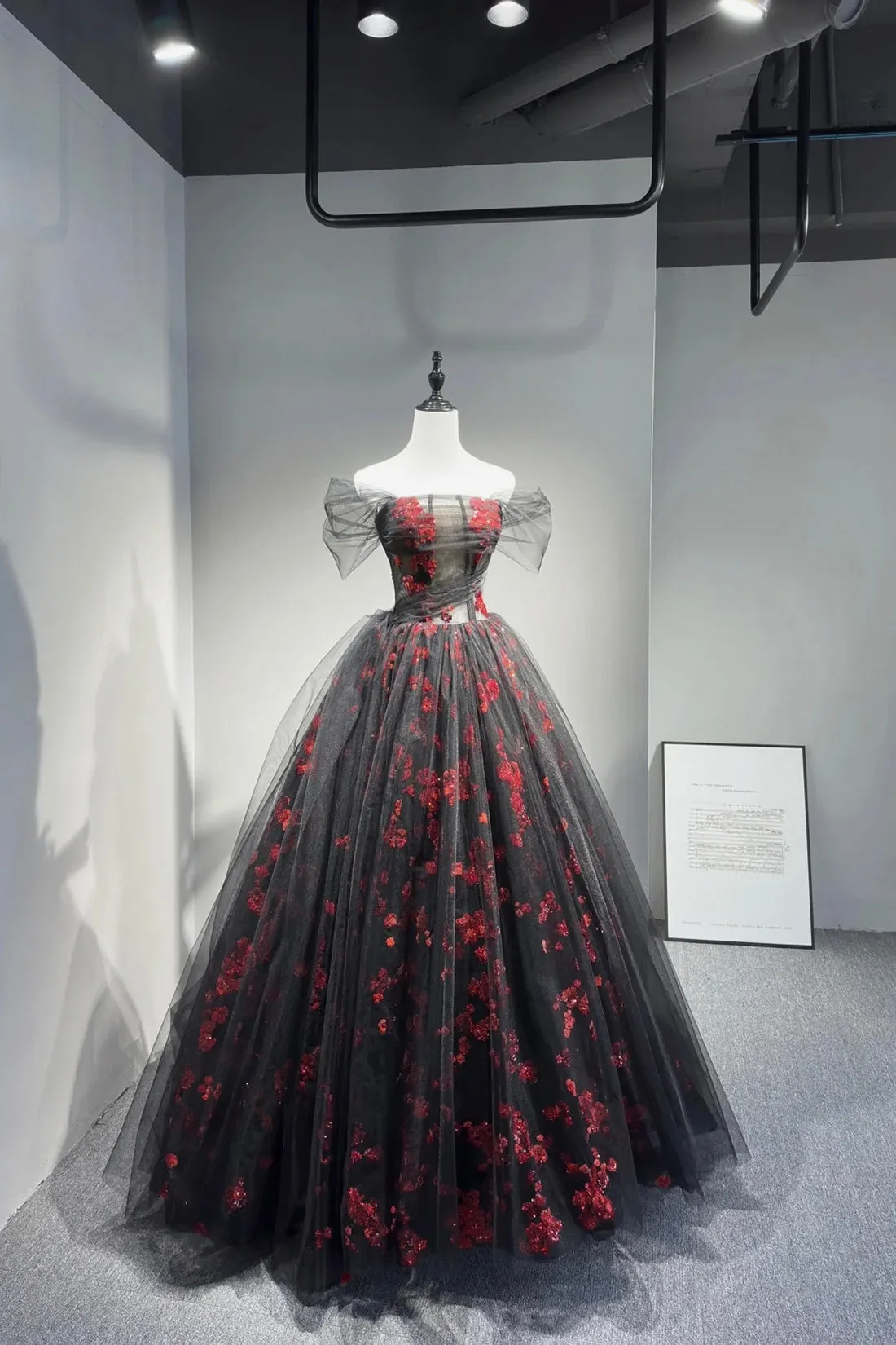 Black Tulle and Red Sequins Long Prom Dress, Off the Shoulder Evening Party Dress
