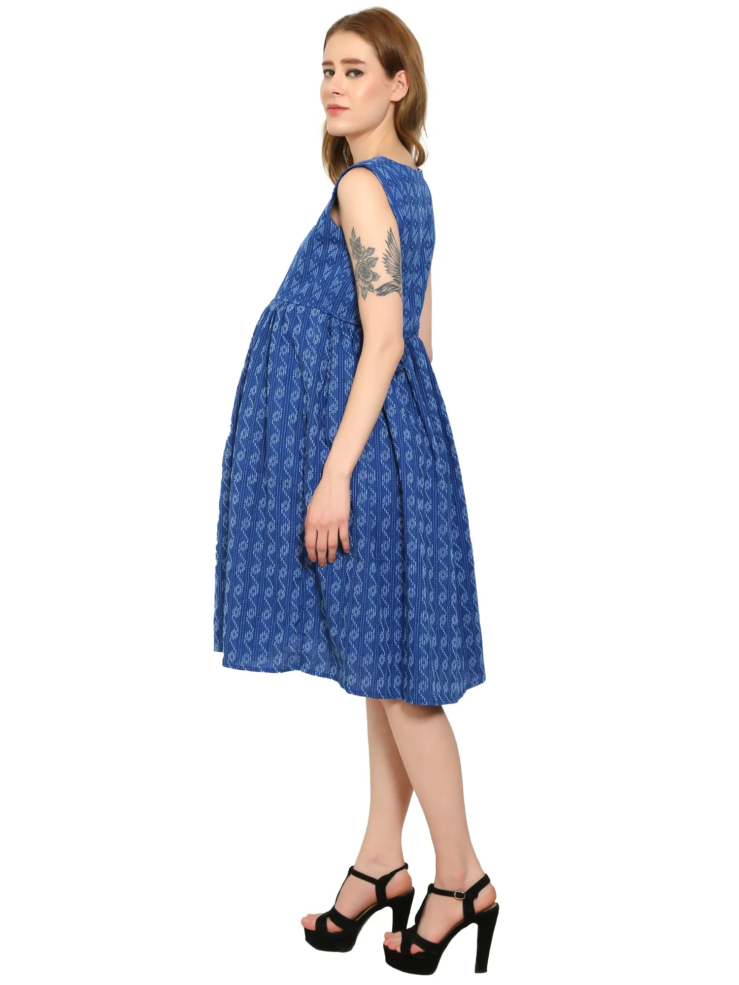 Blue Fit and Flare Cotton Maternity and Feeding Dress