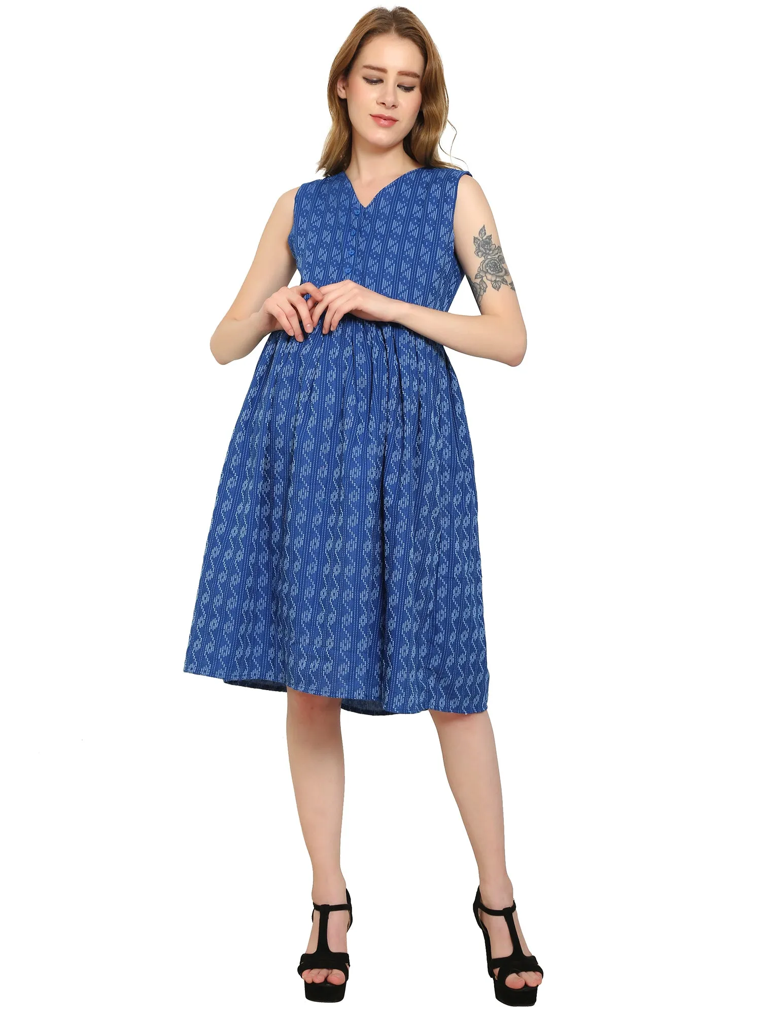Blue Fit and Flare Cotton Maternity and Feeding Dress