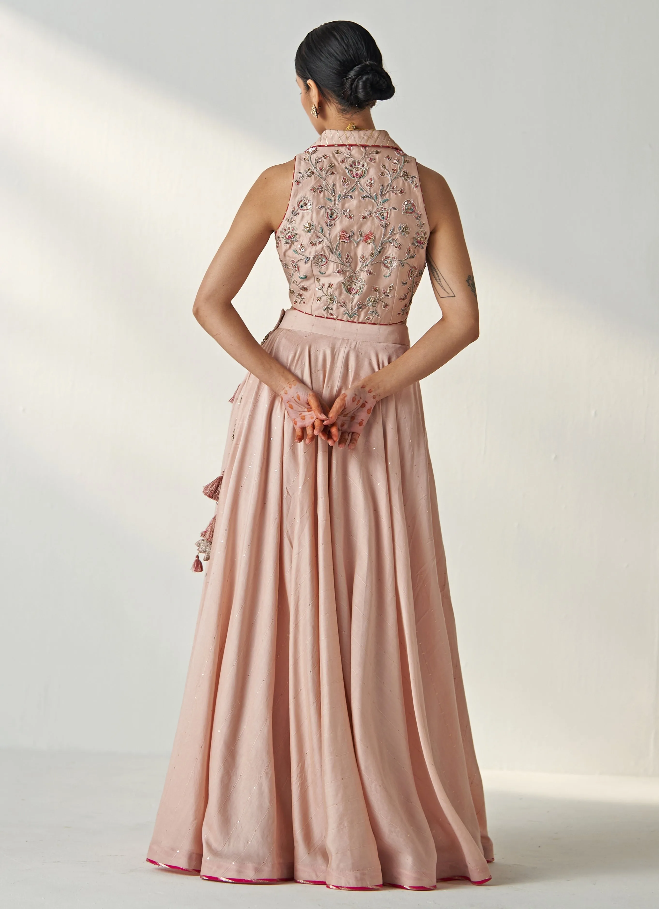 Blush Pink Embroidered Chanderi Lehenga With Gilet Top