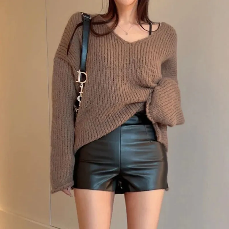 Casual Brown Loose Autumn Sweater Female Solid Korean Style Ruched Pullover Knitted All-Match Jumper Preppy Style Top