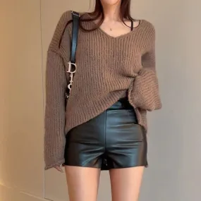 Casual Brown Loose Autumn Sweater Female Solid Korean Style Ruched Pullover Knitted All-Match Jumper Preppy Style Top