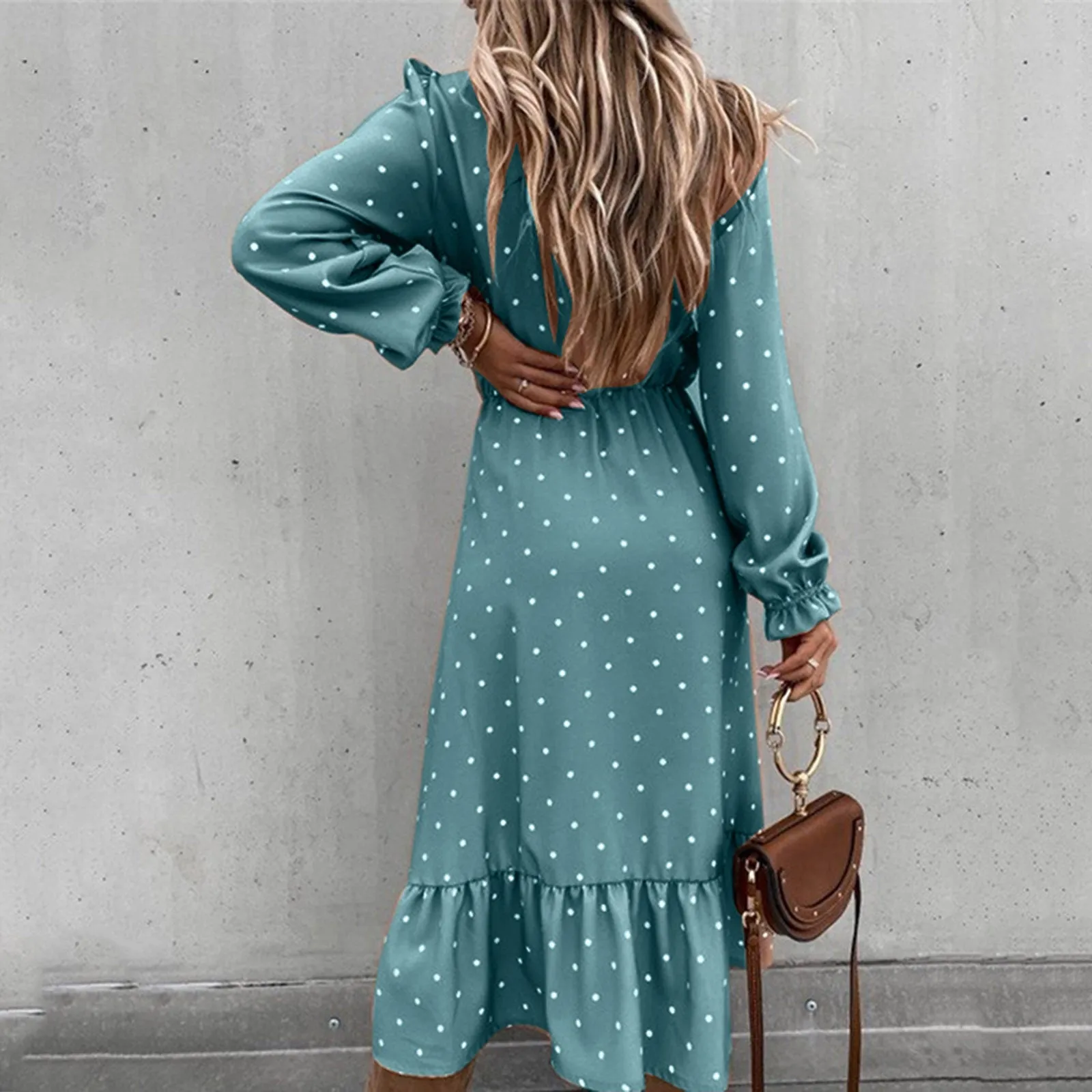 Casual Ruffle V Neck Lantern Sleeve Dress