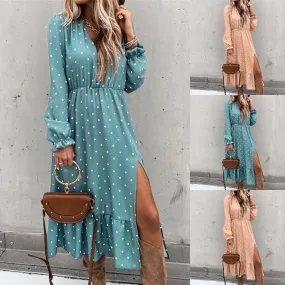 Casual Ruffle V Neck Lantern Sleeve Dress