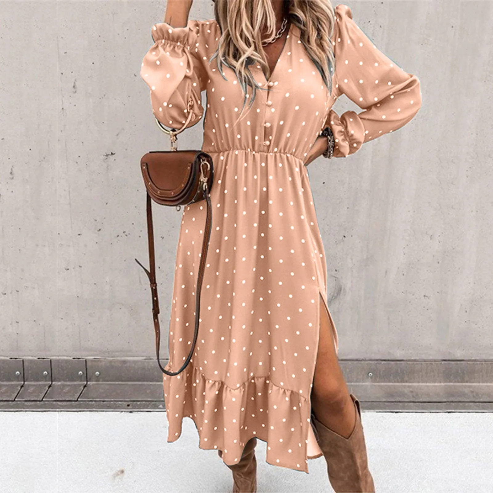 Casual Ruffle V Neck Lantern Sleeve Dress