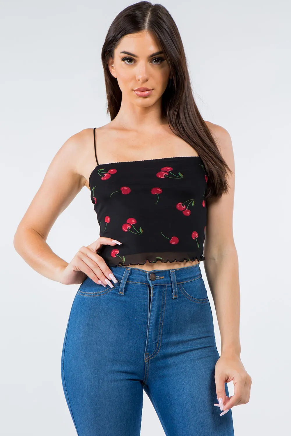 Cherry Print Mesh Layer Tank Top