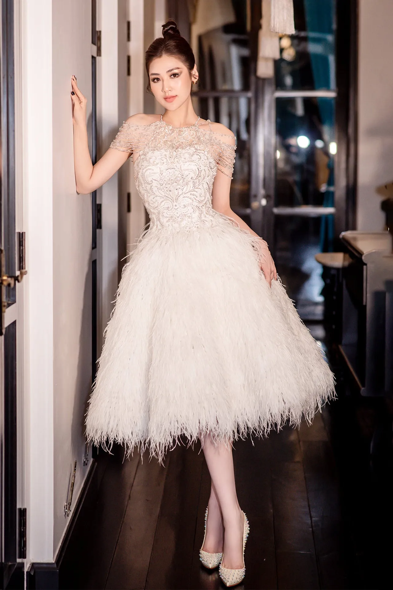 Cold-Shoulder Feathered Midi Dress