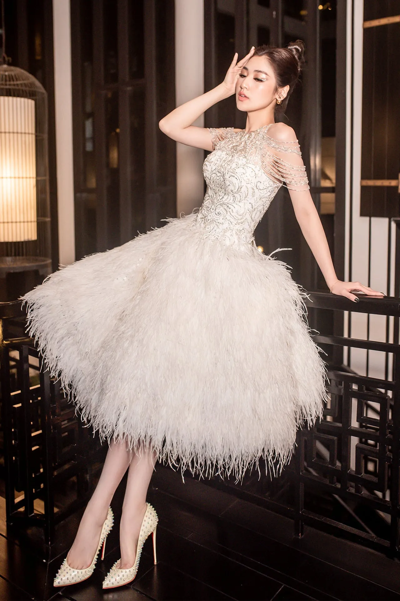 Cold-Shoulder Feathered Midi Dress