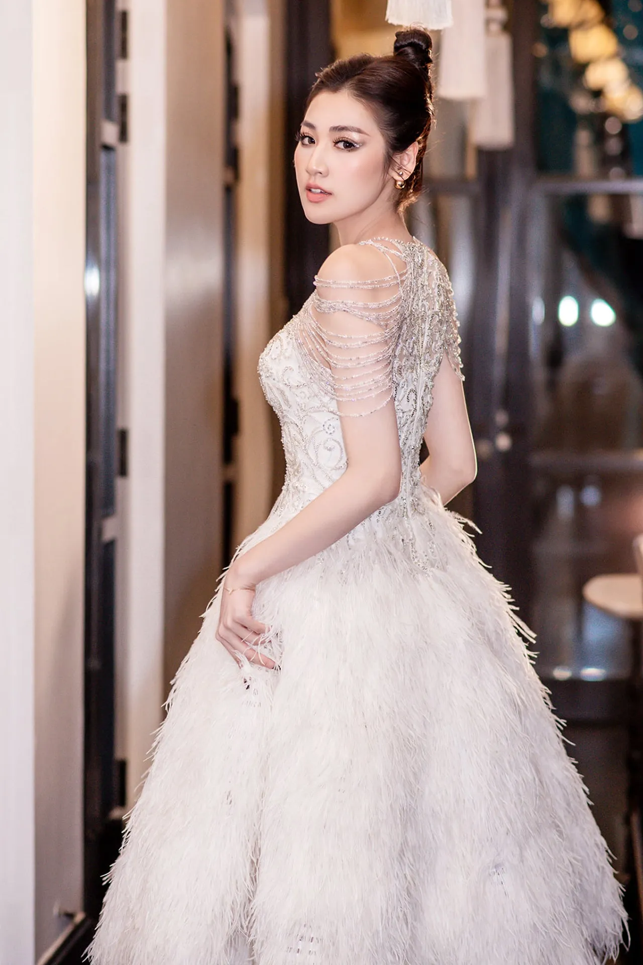 Cold-Shoulder Feathered Midi Dress