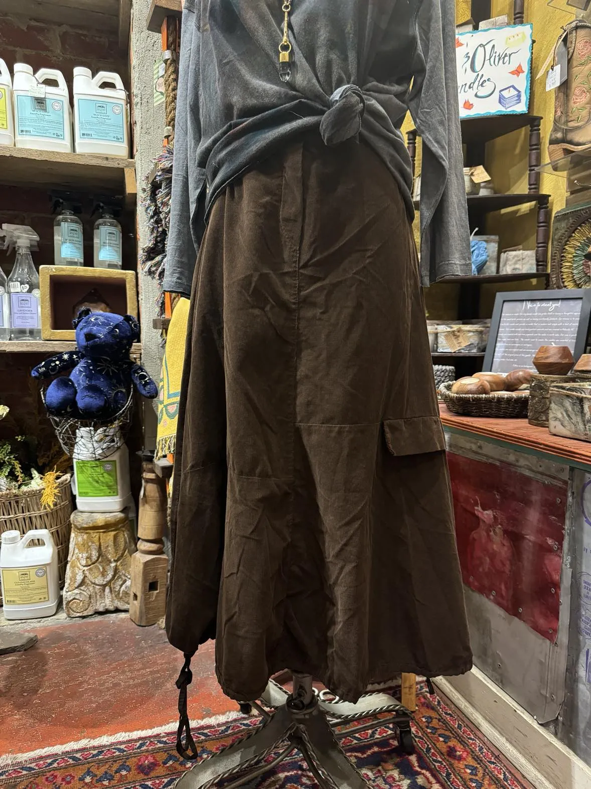 Corduroy Drawstring Hem Skirt-Brown