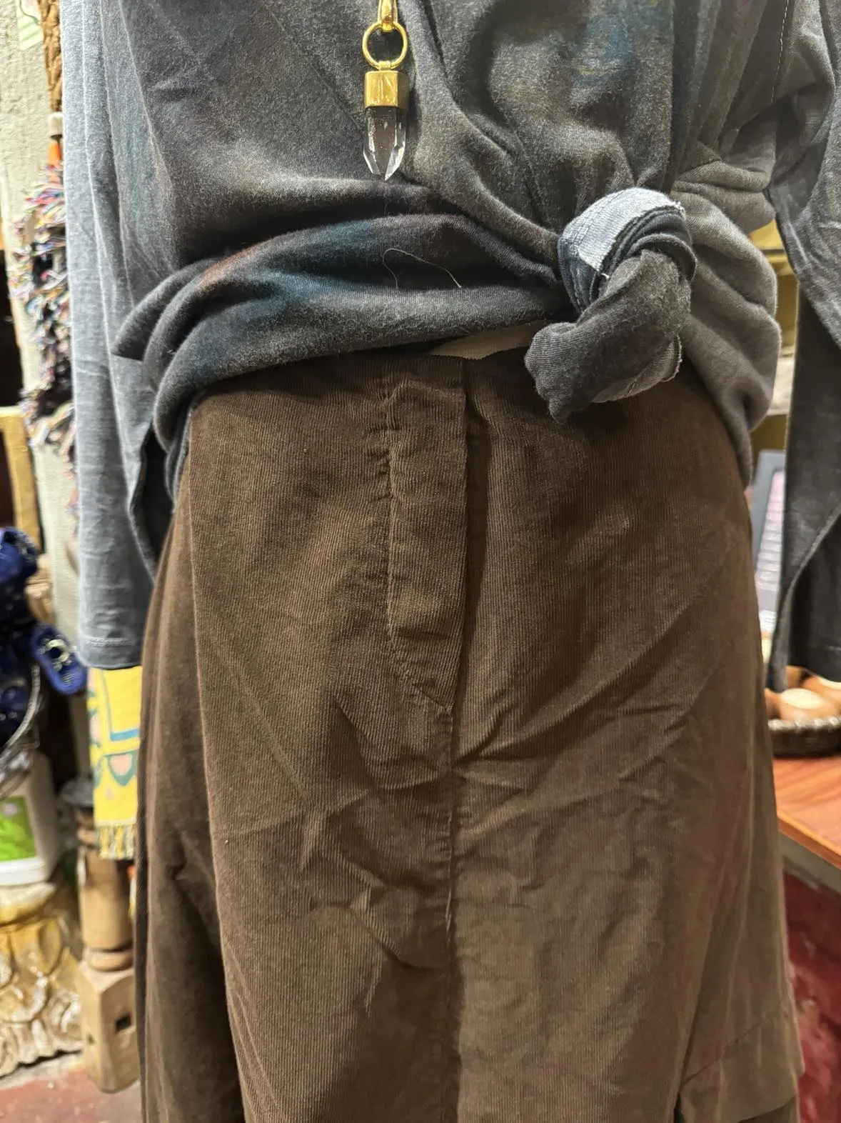 Corduroy Drawstring Hem Skirt-Brown