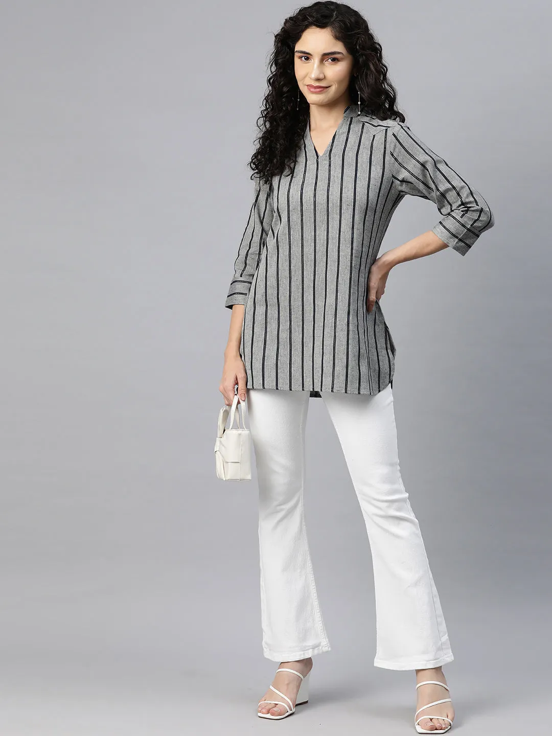 Cottinfab Women Striped Mandarin Collar Cotton Top