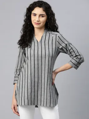 Cottinfab Women Striped Mandarin Collar Cotton Top