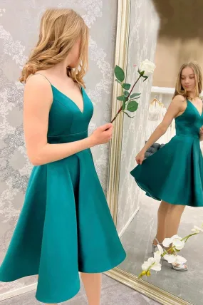 Cute V-Neck Satin Short Prom Dress, Green Knee Length Party Dress