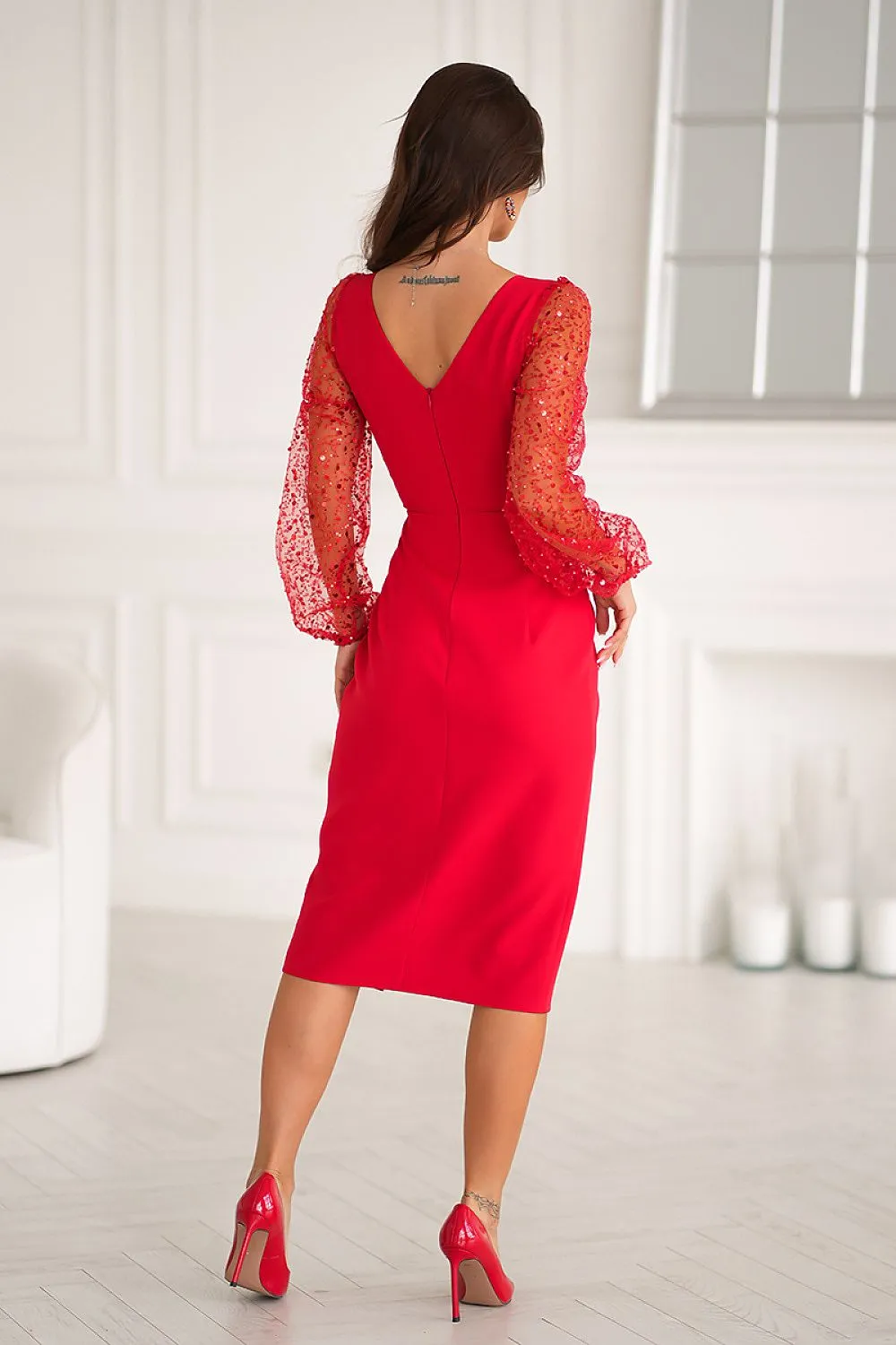 Delicate sequin sleeves red evening dress