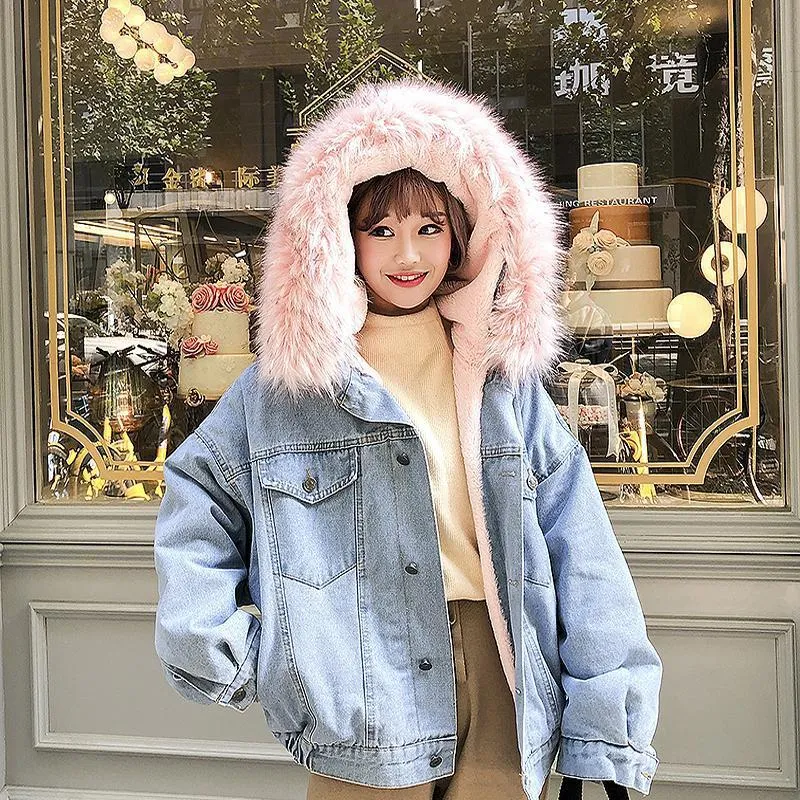 Denim Soft Jeans Fur Collar Loose Thick Warm Coat