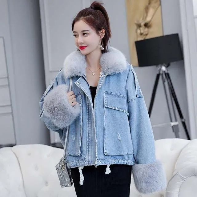 Denim Soft Jeans Fur Collar Loose Thick Warm Coat