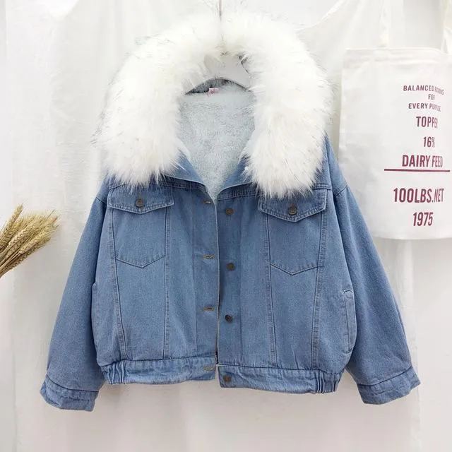 Denim Soft Jeans Fur Collar Loose Thick Warm Coat
