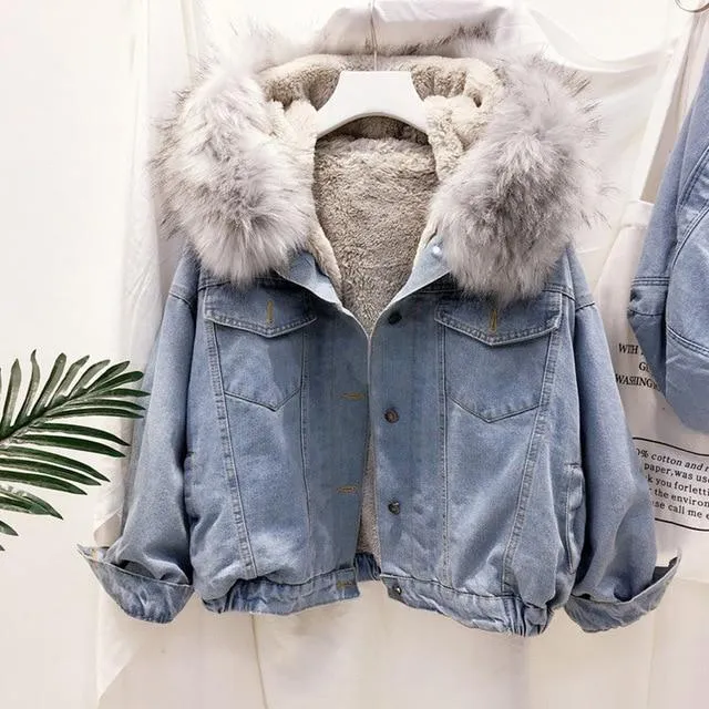 Denim Soft Jeans Fur Collar Loose Thick Warm Coat
