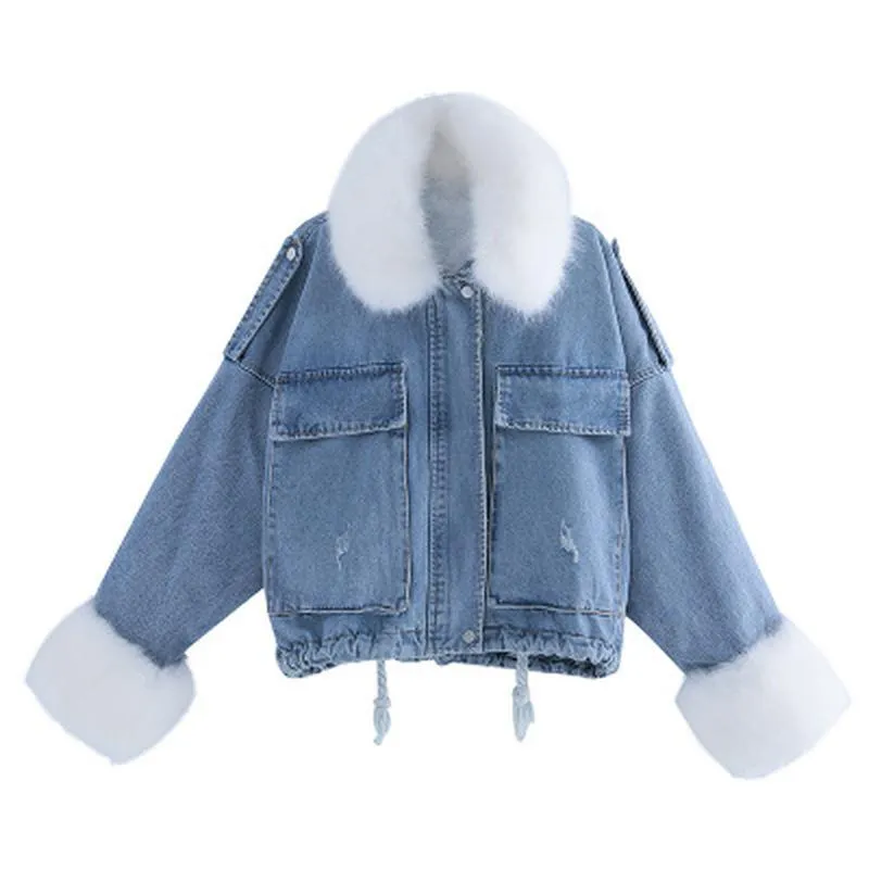 Denim Soft Jeans Fur Collar Loose Thick Warm Coat