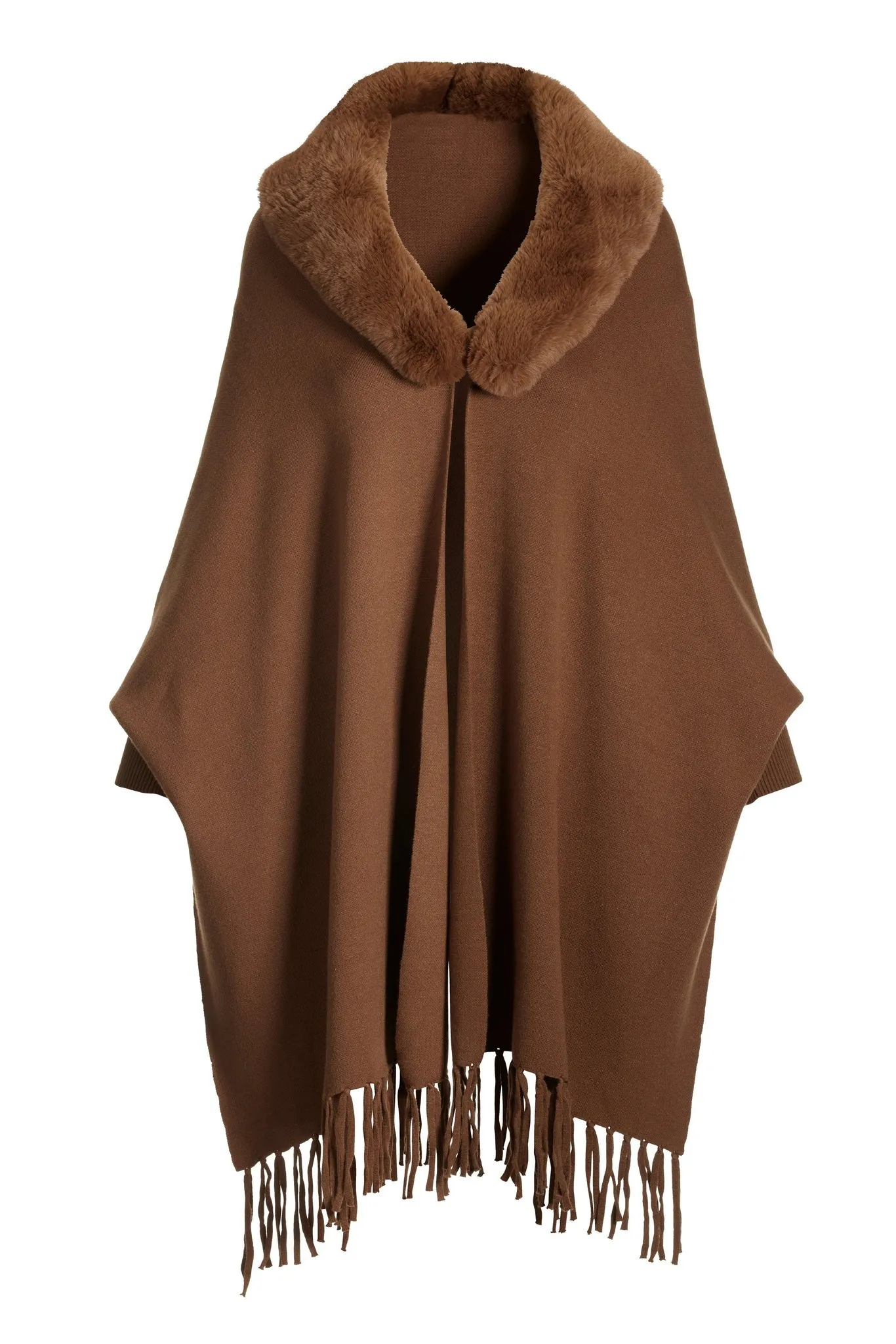 Faux Fur Collar Fringe Poncho Cognac
