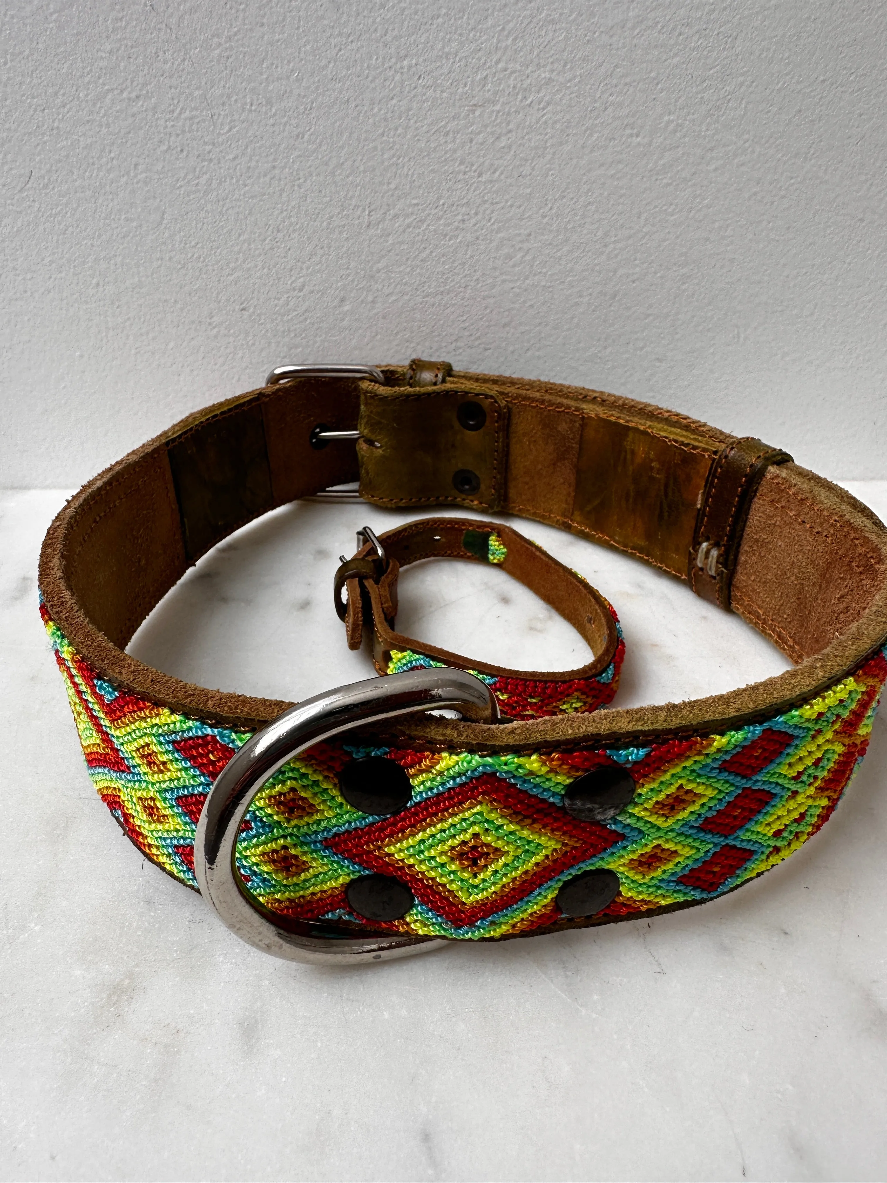 Huichol Leather Wide Dog Collar XL2