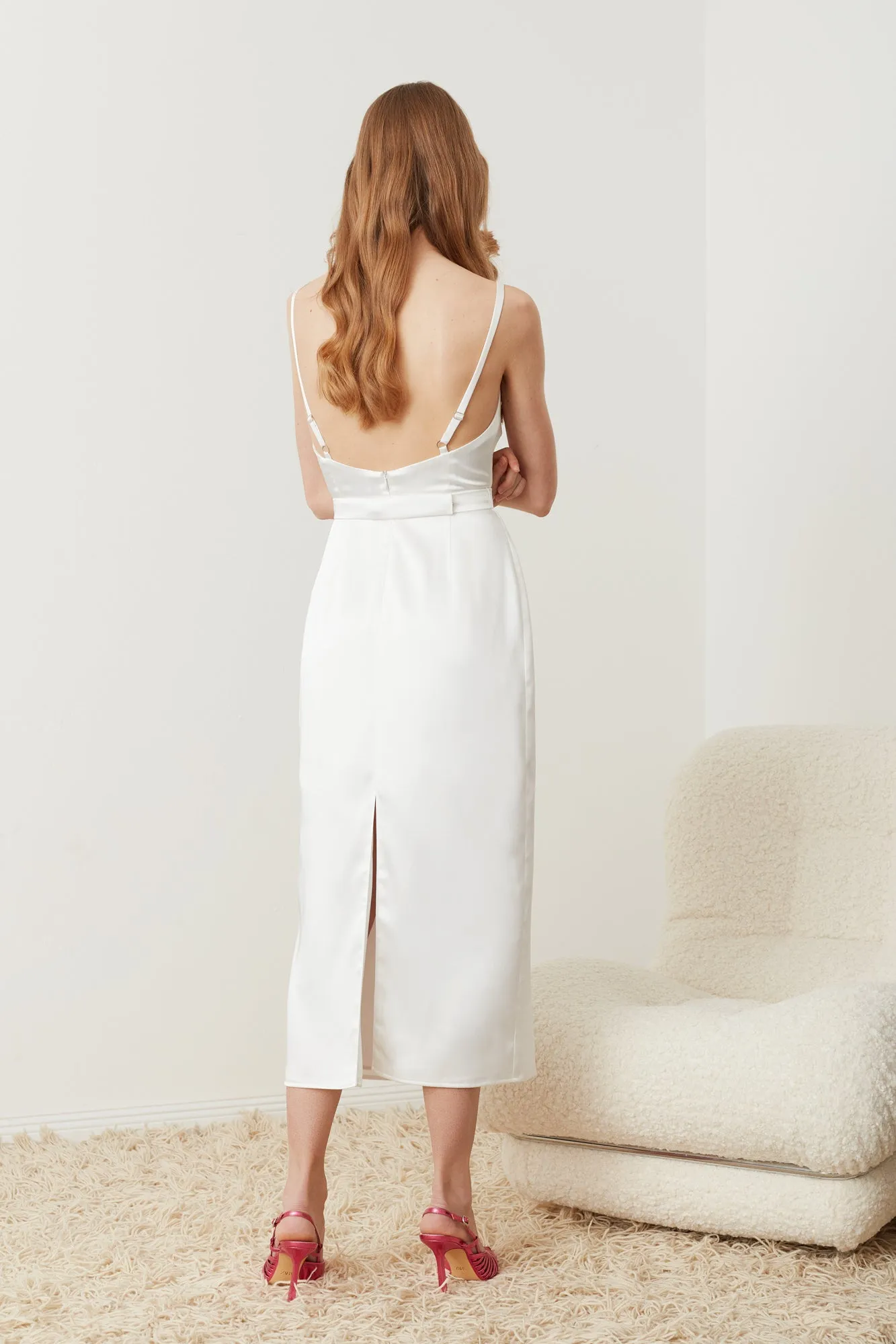 KAMEA white satin midi wedding dress