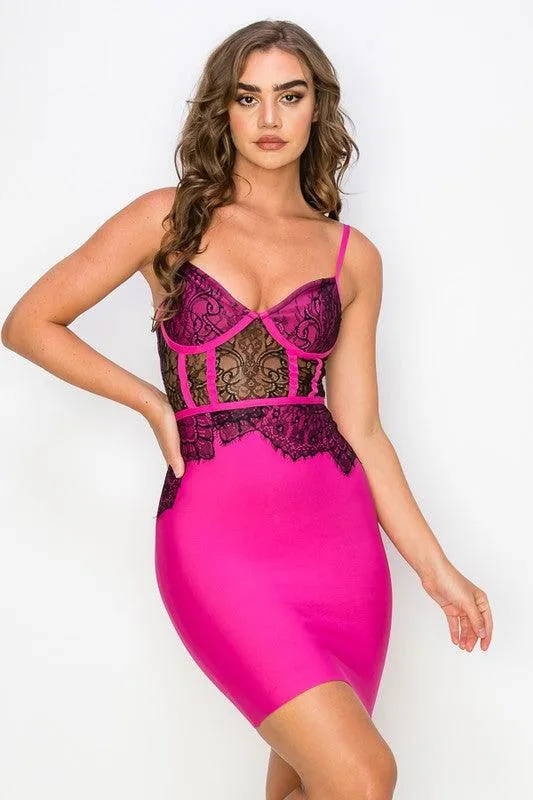 lace overlay bandage bustier dress