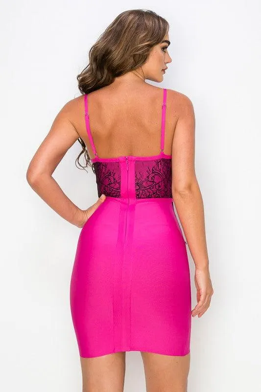 lace overlay bandage bustier dress