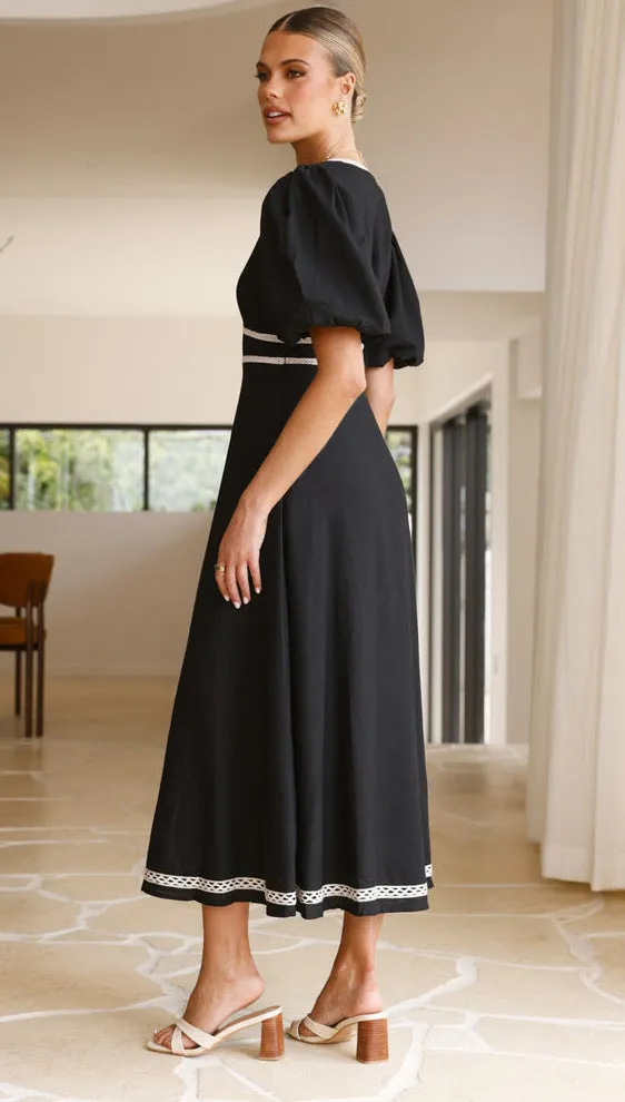 Lace Puff Sleeve V Neck Solid Color Maxi Dress