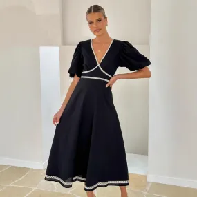 Lace Puff Sleeve V Neck Solid Color Maxi Dress