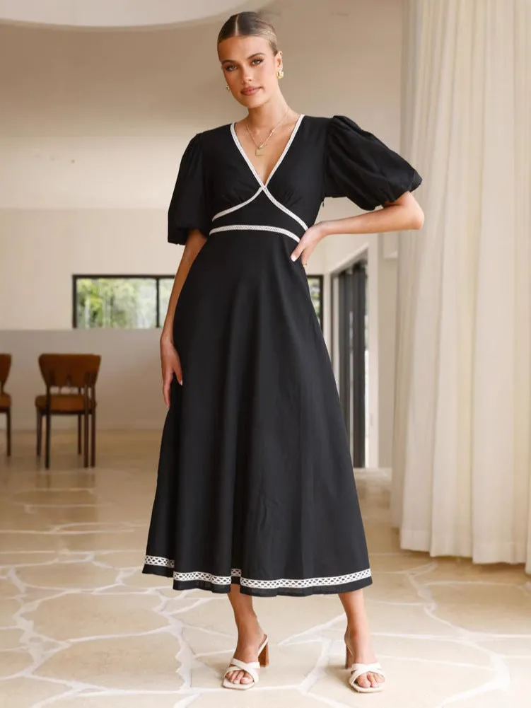 Lace Puff Sleeve V Neck Solid Color Maxi Dress
