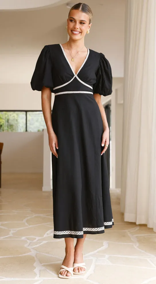 Lace Puff Sleeve V Neck Solid Color Maxi Dress