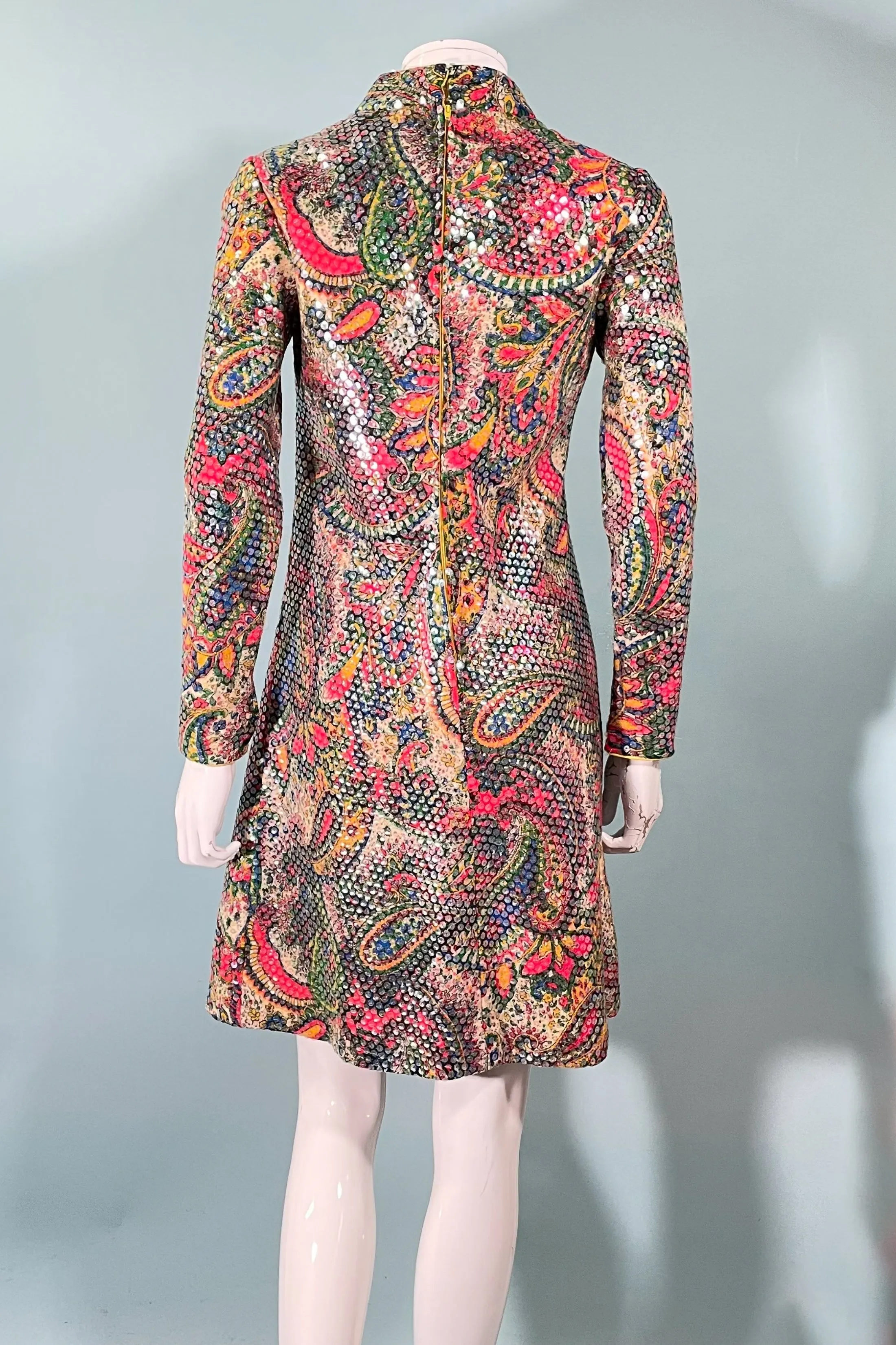 Leo Narducci Vintage 60s Paisley Print Sparkle Dress, Mod Sequin Party Dress XS/S