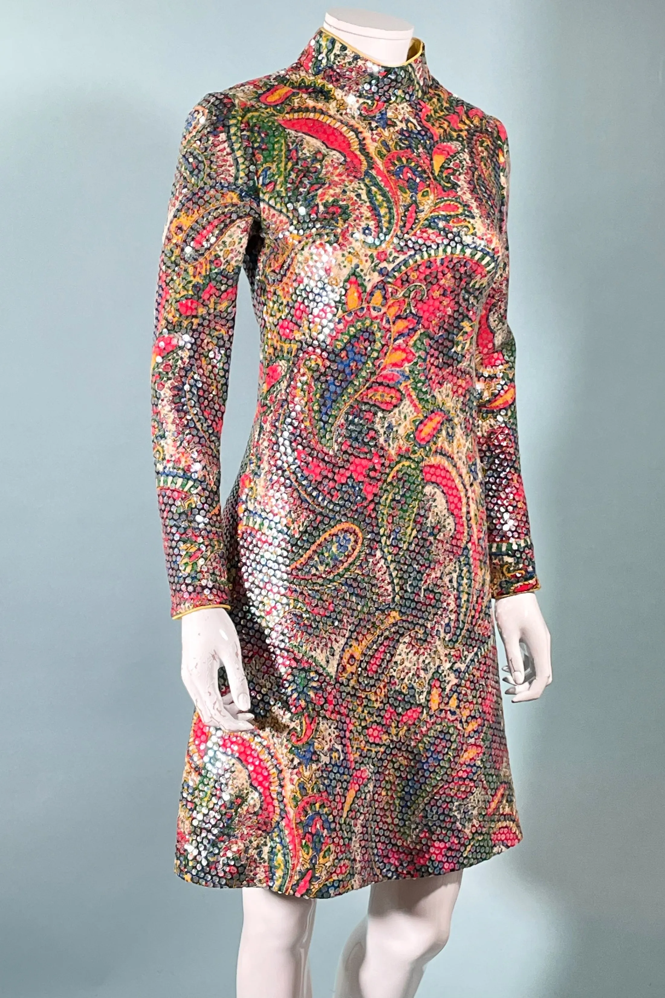 Leo Narducci Vintage 60s Paisley Print Sparkle Dress, Mod Sequin Party Dress XS/S