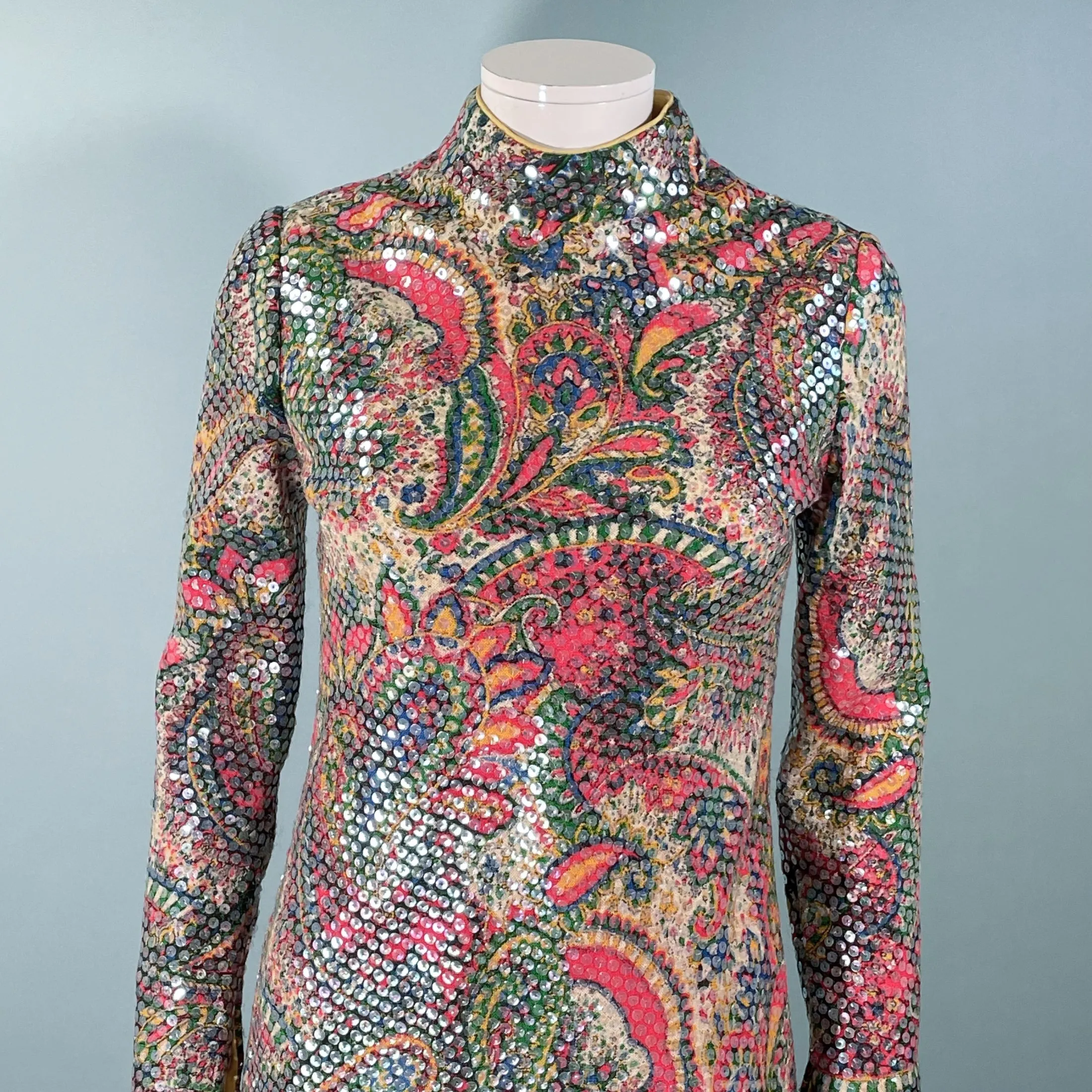 Leo Narducci Vintage 60s Paisley Print Sparkle Dress, Mod Sequin Party Dress XS/S