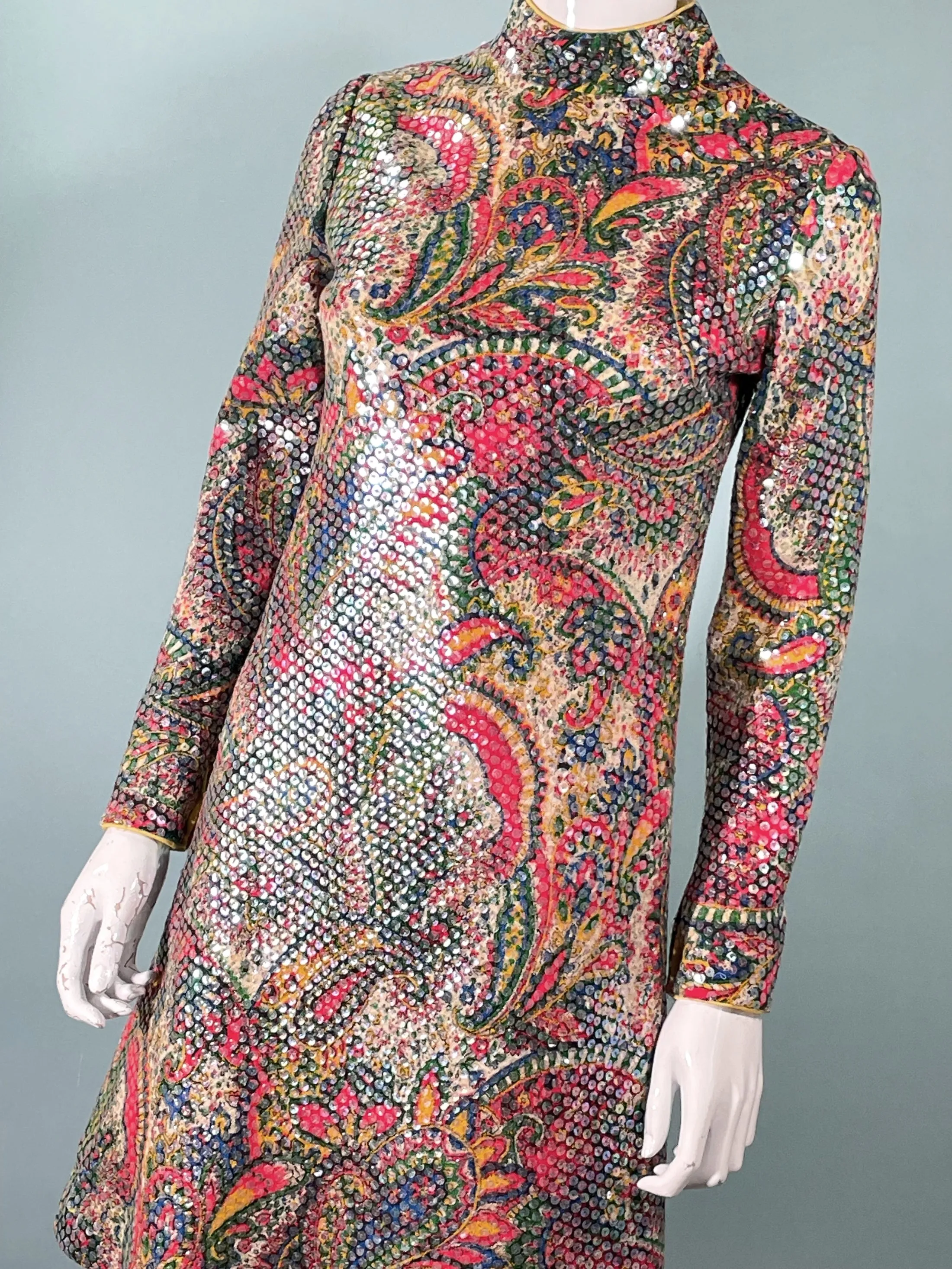 Leo Narducci Vintage 60s Paisley Print Sparkle Dress, Mod Sequin Party Dress XS/S