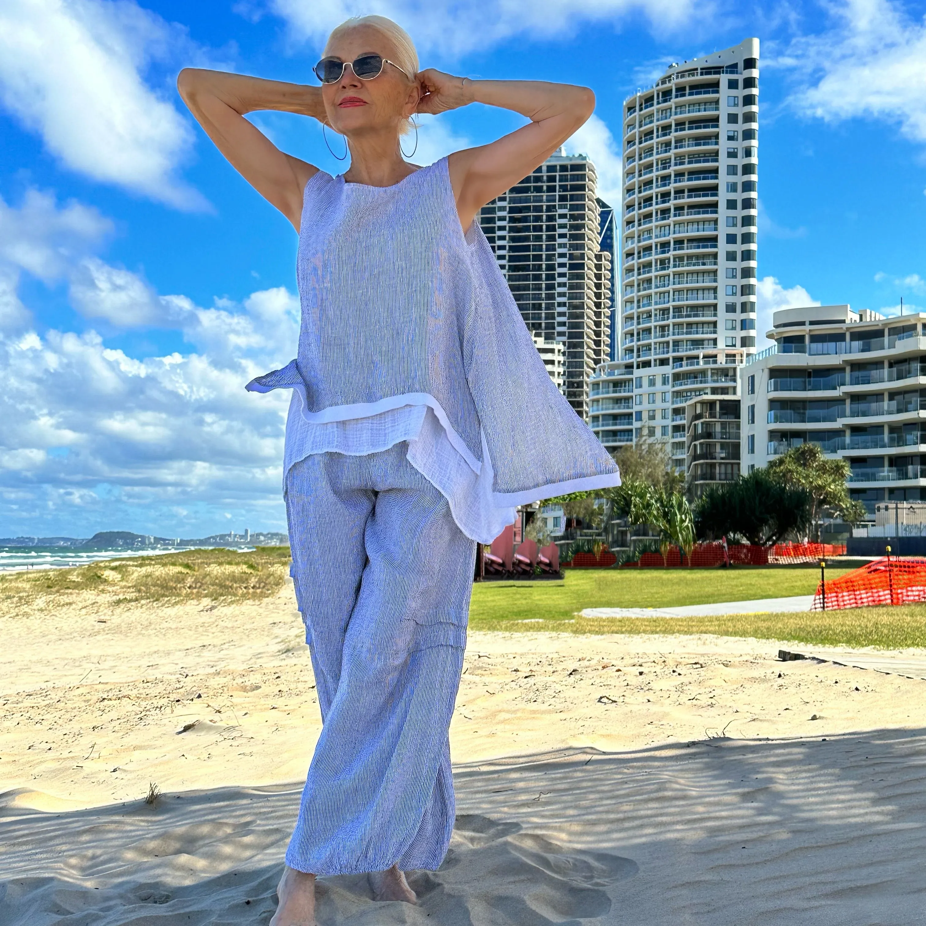 Linen Striped Swing Top with Linen Gauze layering