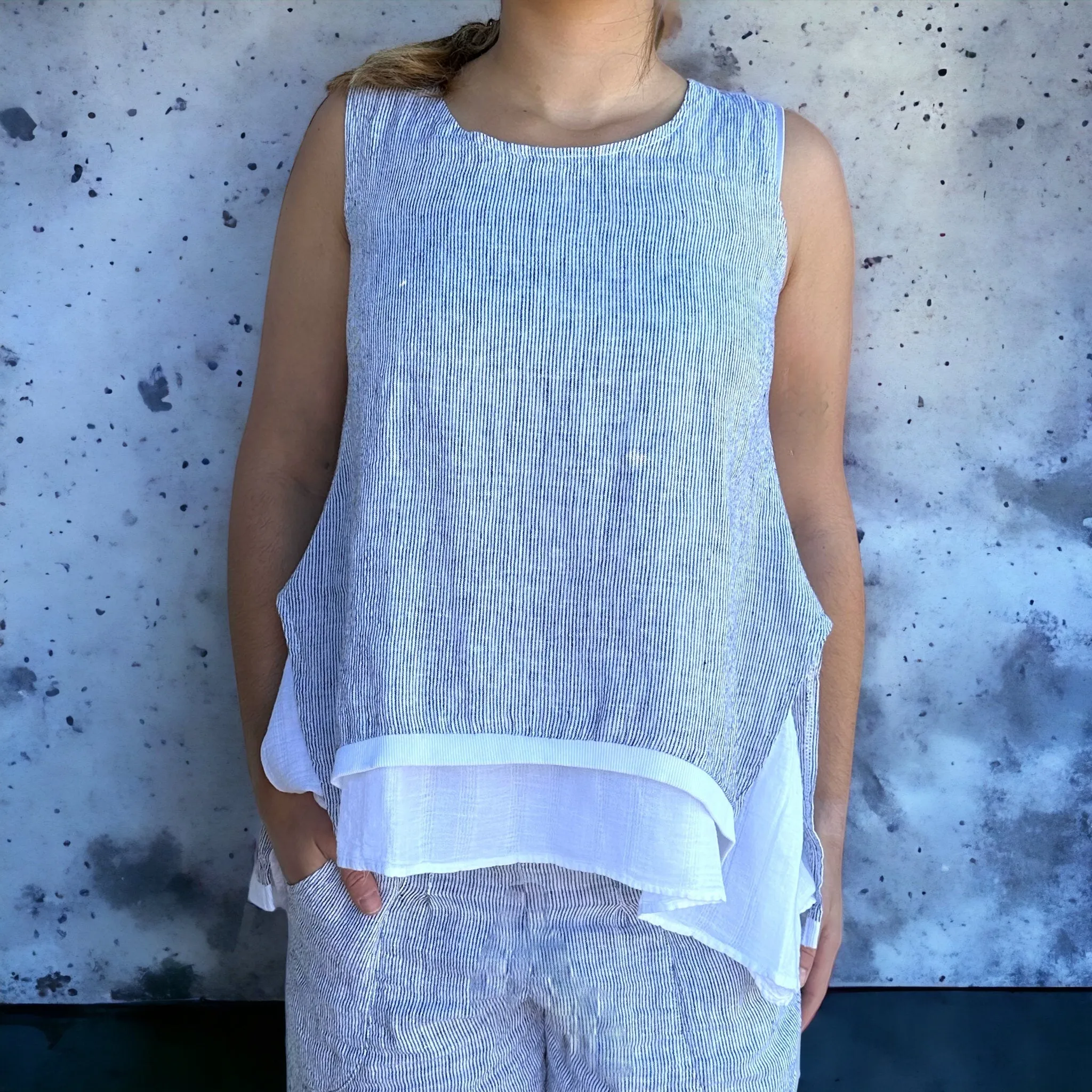 Linen Striped Swing Top with Linen Gauze layering